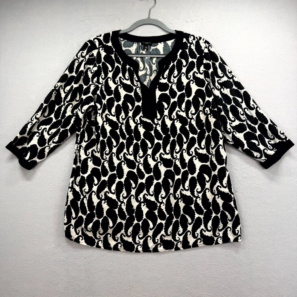 Talbots Tunic Blouse Top Women's 1X White Black Paisley Print Rayon Split V-Neck